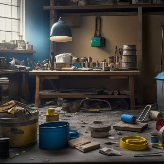 A cluttered workshop background with various tools scattered around, with a prominent hammer, tape measure, and level in the foreground, surrounded by renovation materials like drywall, paint cans, and tiles.