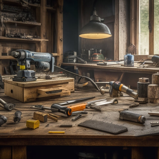 A cluttered workbench with a circular saw, drill press, impact driver, and cordless multi-tool, surrounded by scattered screws, wires, and wooden planks, with a blurred background of a renovation site.