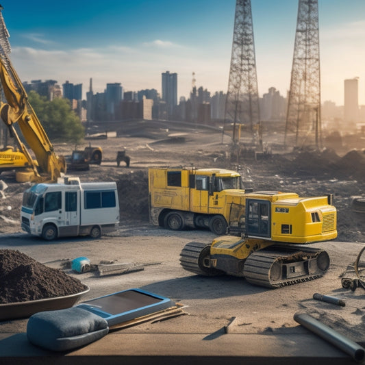 A messy construction site with a smartphone in the foreground, surrounded by scattered tools, blueprints, and safety gear, with a subtle cityscape in the background.