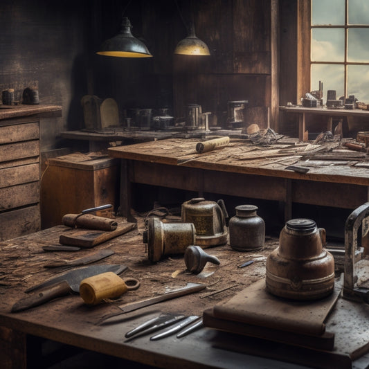 A cluttered workshop table with a mix of rusty old and shiny new cutting tools, including a jigsaw, circular saw, and utility knife, surrounded by wooden planks, sawdust, and scattered renovation plans.