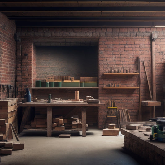 A tidy workshop backdrop with a masonry level, trowel, jointer, and spirit level arranged neatly on a wooden workbench, surrounded by stacks of bricks, blocks, and mortar.