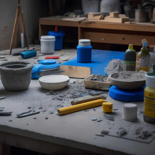 A cluttered workshop table with various DIY concrete filling kits, scattered tools, and a partially filled crack in a concrete block in the foreground, with a blurred background of renovation materials.