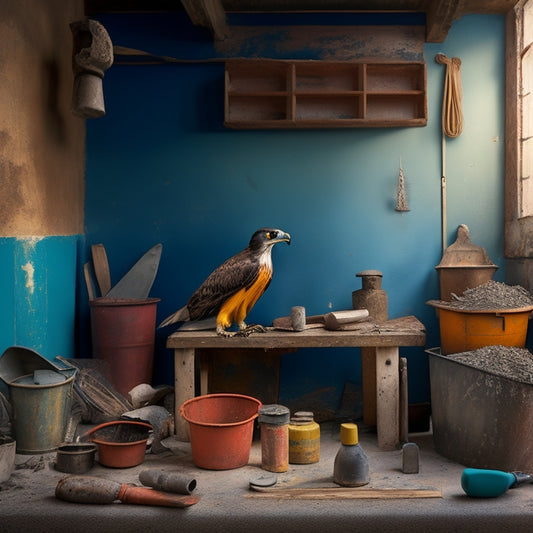 A cluttered renovation site with a mix of old and new plastering tools scattered around, including a hawk, trowel, joint knife, and mixing bucket, surrounded by partially renovated walls and a ladder.