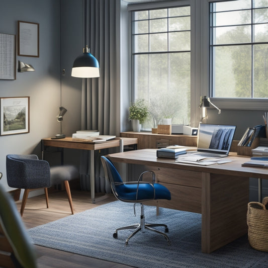 A tidy, modern home office with a desk, chair, and laptop, surrounded by scattered papers, pencils, and a calculator, with a blueprint of a house renovation in the background.
