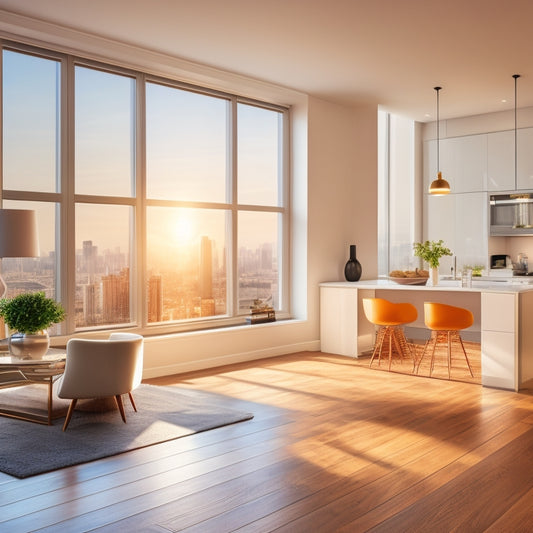 A bright, modern living room with a freshly installed hardwood floor, sleek white cabinets, and a large window with a cityscape view, illuminated by warm, golden lighting.