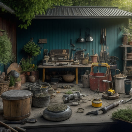 A cluttered workshop with various outdoor renovation tools scattered around, with a few tools highlighted in a circle, surrounded by a subtle background of a backyard renovation in progress.