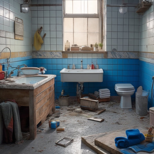 A messy bathroom with torn-out tiles, exposed plumbing, and a destroyed vanity, surrounded by various toolboxes, ladders, and rented equipment, including a floor scrubber and a tile cutter.