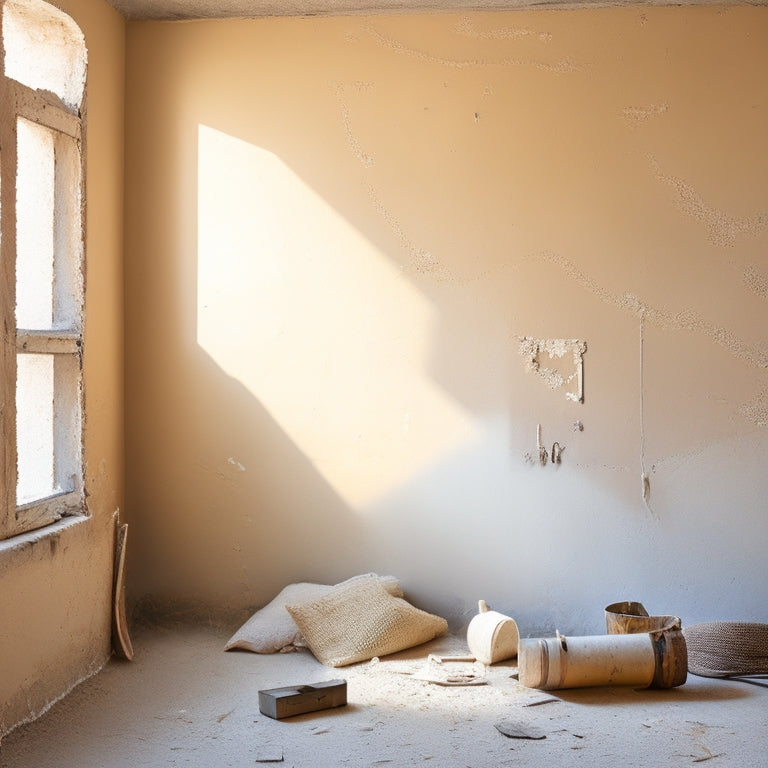 A worn, beige-colored wall with cracks, peeling paint, and exposed drywall, surrounded by scattered renovation tools and debris, with a subtle hint of natural light peeking through a nearby window.