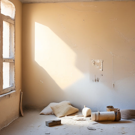 A worn, beige-colored wall with cracks, peeling paint, and exposed drywall, surrounded by scattered renovation tools and debris, with a subtle hint of natural light peeking through a nearby window.
