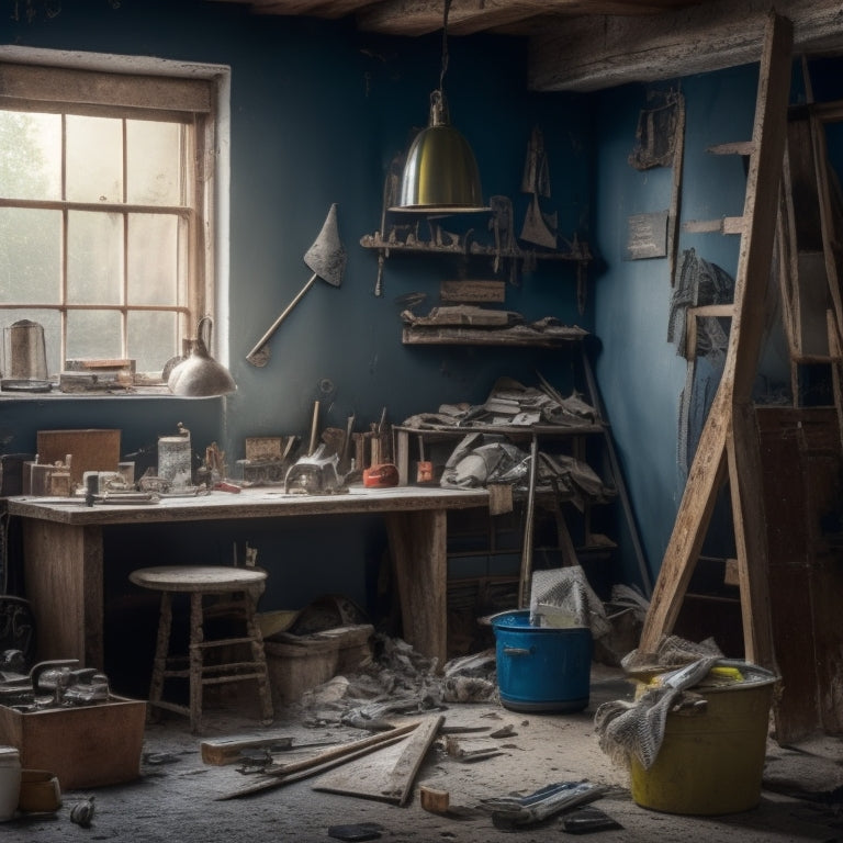 A cluttered home renovation workspace with various tools scattered around, a hammer leaning against a ladder, and a subtle background of a half-painted wall and a torn-out floor.
