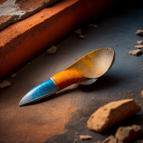 A worn, rusty old trowel lies broken on a cracked concrete floor, surrounded by crumbling renovation debris, contrasted with a sleek, high-quality trowel in the background, gleaming with precision-cut edges.