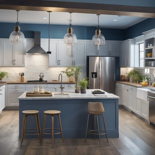 A bright, modern kitchen with a large island, pendant lights, and a statement faucet, surrounded by renovation tools, blueprints, and a laptop with a 3D design on the screen.