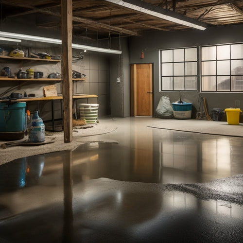 An image of a renovated basement with a dry, crack-free concrete floor and walls, with a few puddles of water in the background, and a variety of sealant tubes and applicators in the foreground.