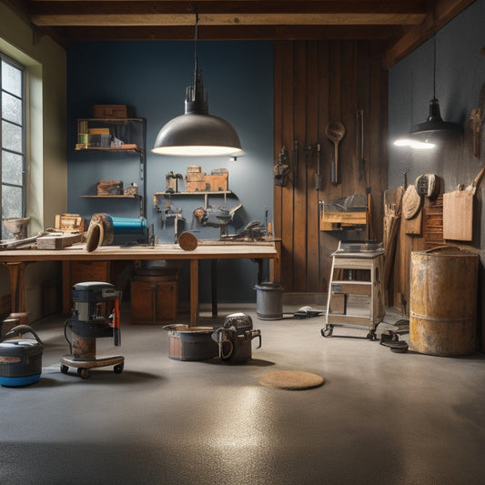 A well-lit, clutter-free workshop with a sealed cement floor, surrounded by a selection of renovation tools, including a drum sander, edger, grinder, and trowel, arranged in a visually appealing way.