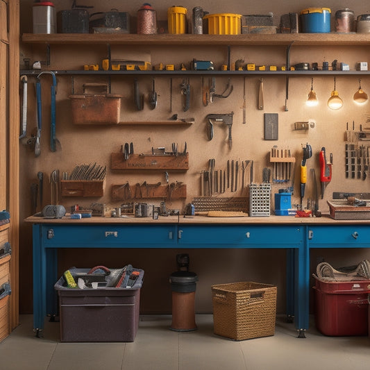 A clutter-free workshop with neatly organized toolboxes, labeled bins, and a pegboard adorned with hung tools, surrounded by a tidy workbench and a few strategically placed power tools.