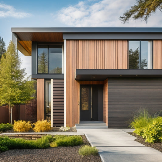 A modern, sleek, and minimalist exterior of a renovated house with alternating horizontal and vertical panels of different cladding materials, such as wood, metal, and stone, in warm, neutral tones.