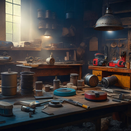 A messy workshop background with scattered power tools and half-finished renovation projects, featuring five distinct grinding discs of varying sizes and materials, each with a subtle glow effect.