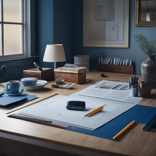 A serene, well-organized desk with a rolled-out blueprint, a calculator, a cup of coffee, and a few scattered pens, surrounded by a subtle background of a partially renovated room.