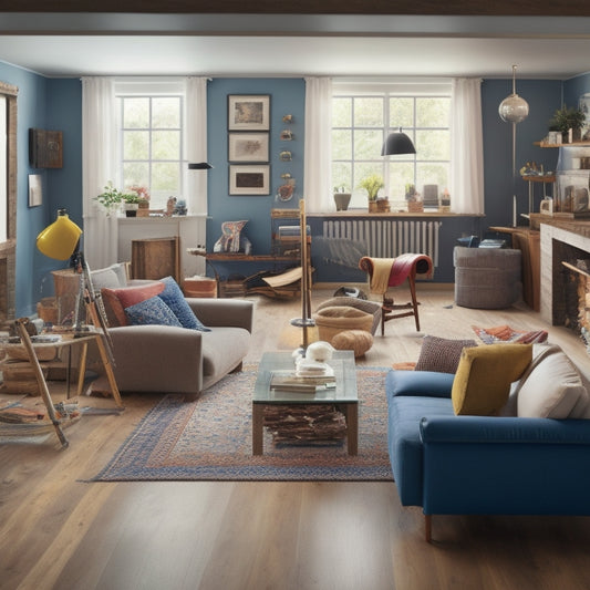 A split-level living room with a prominent gap between the old and new flooring, surrounded by renovation tools and materials, with a measuring tape and safety goggles nearby.