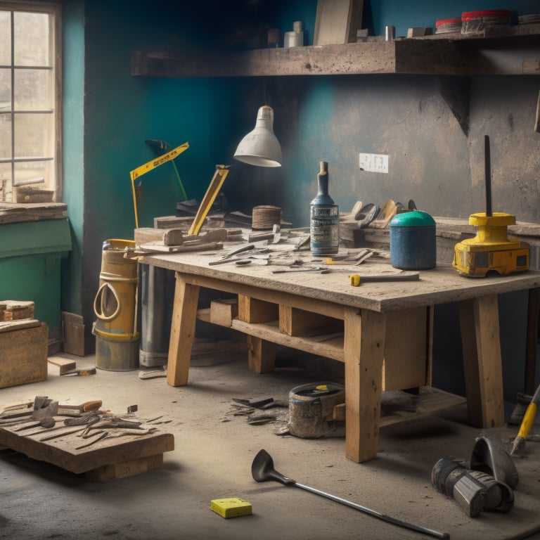 A cluttered workshop table with a trowel, level, spirit level, jointer, and block splitter, surrounded by scattered blocks, mortar, and renovation tools, with a partially built block wall in the background.