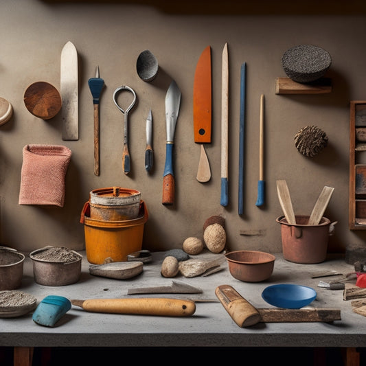 A clutter-free workshop backdrop with a neatly arranged selection of 5-7 essential plastering tools, including a trowel, hawk, joint knife, and level, in various sizes and materials, with a subtle gradient effect.