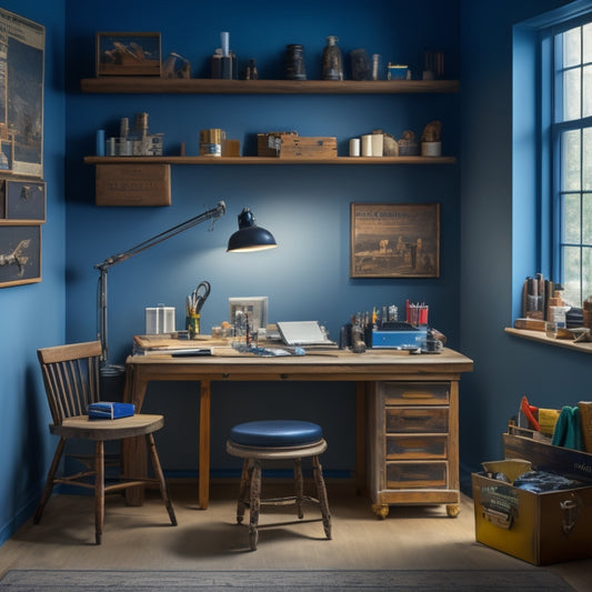 A tidy, well-lit workspace with a beginner's painting toolkit: a compact toolbox, a variety of brushes, rollers, and extension poles, paint swatches, and a small, half-painted wall as a background.