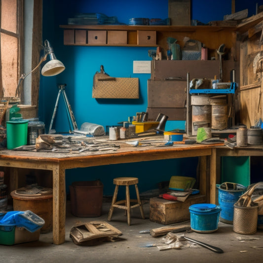 A cluttered workshop table with a variety of tools and materials, including a putty knife, joint compound, sandpaper, a spray gun, and a ladder, surrounded by scraps of textured ceiling material.