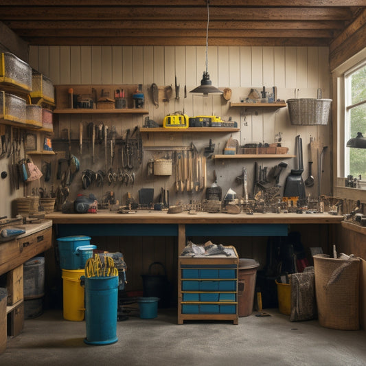 A tidy workshop with a pegboard adorned with hooks, bins, and baskets, surrounded by organized power tools, hand tools, and renovation materials, with a faint hint of a house renovation in the background.