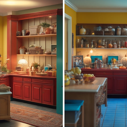 A split-screen image: a cluttered, dimly lit room with uneven shelves and crooked frames, alongside a bright, organized space with precision-crafted cabinetry and perfectly aligned decor.