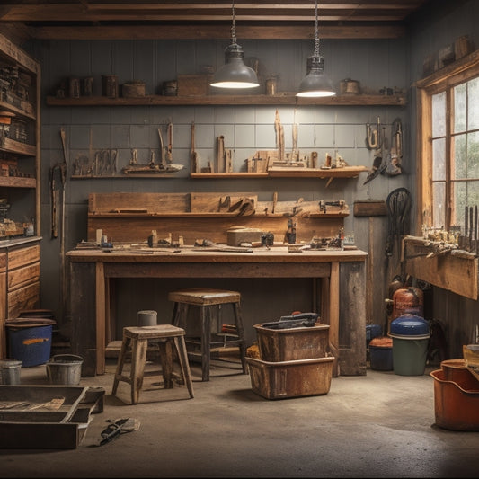A clutter-free, well-lit workshop with a mix of metal and wooden workbenches, showcasing various mixing tools, including a cordless drill, mixing buckets, and a putty knife, amidst a backdrop of renovation materials.