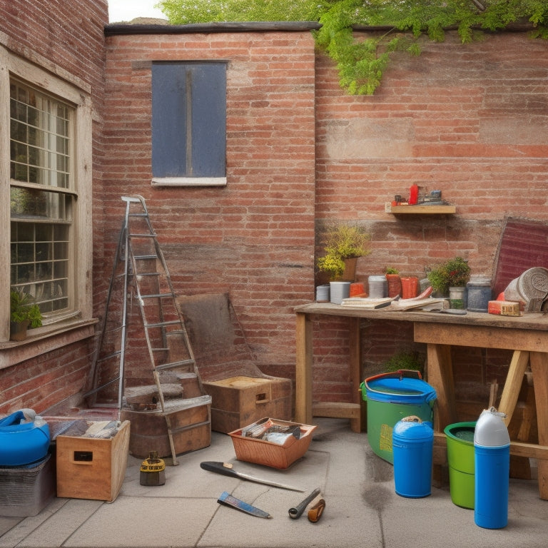 A cluttered outdoor workspace with a ladder, toolbox, tape measure, and scattered renovation materials like shingles, bricks, and pipes, set against a backdrop of a partially renovated exterior wall.