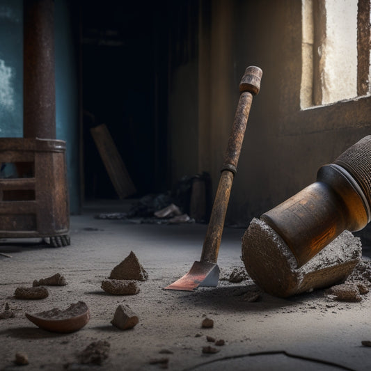 A worn, rusty old hammer lies broken on a cracked concrete floor, surrounded by scattered tools, with a shiny new hammer standing upright in the background, beside a sturdy concrete mixer.