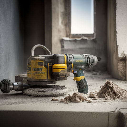 An image of a powerful drill with a sturdy handle and rotating hammer bit, surrounded by concrete dust and debris, with a partially demolished concrete wall in the background.