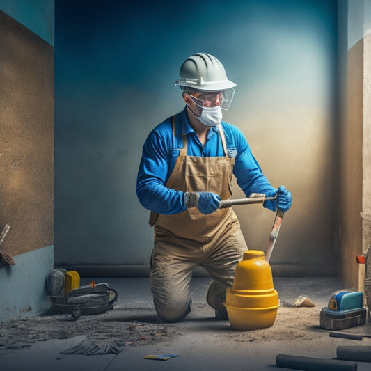 An illustration of a person wearing a white hard hat, safety goggles, and a dust mask, holding a caulk gun and standing in front of a cracked wall with various tools and materials scattered around them.