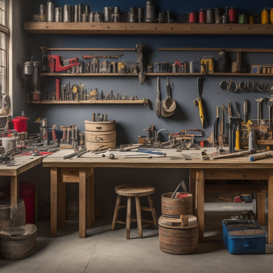 A tidy, well-organized workshop with a wooden workbench in the center, surrounded by various DIY tools like caulk guns, drills, and hammers, with rolls of tape and cans of sealant in the background.