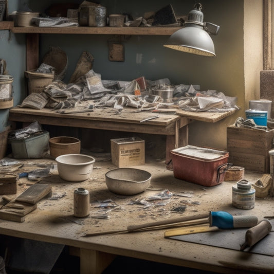 A cluttered workspace with a variety of tools scattered across a wooden table, including a putty knife, joint compound bucket, trowel, sandpaper, and a level, surrounded by scraps of drywall and plaster.