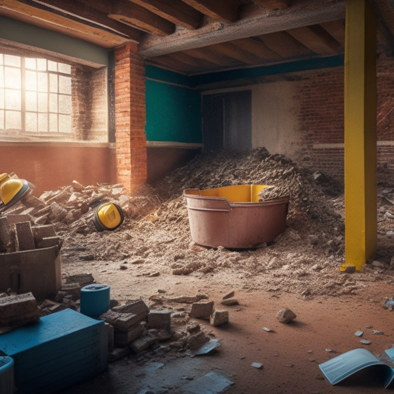 A dramatic, high-angle illustration of a partially demolished house with caution tape, hard hats, and safety gear scattered around, amidst a backdrop of falling bricks and dusty debris.