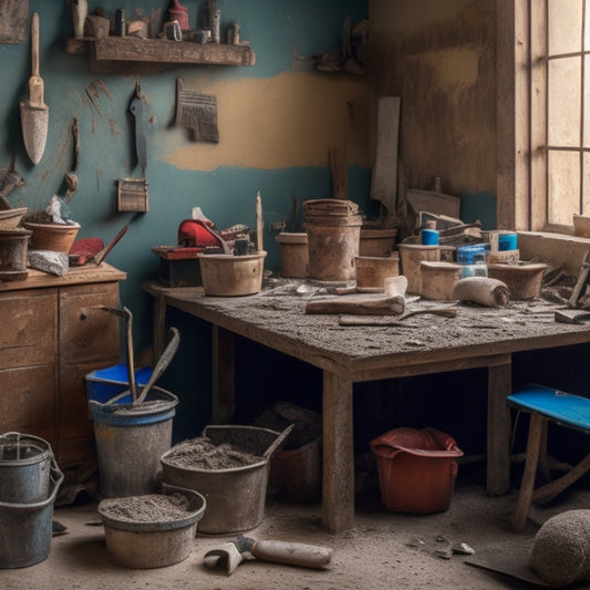 A cluttered workbench with a variety of plastering tools, including a hawk, trowel, joint knife, and bucket, surrounded by scattered plaster mix and debris, with a partially plastered wall in the background.
