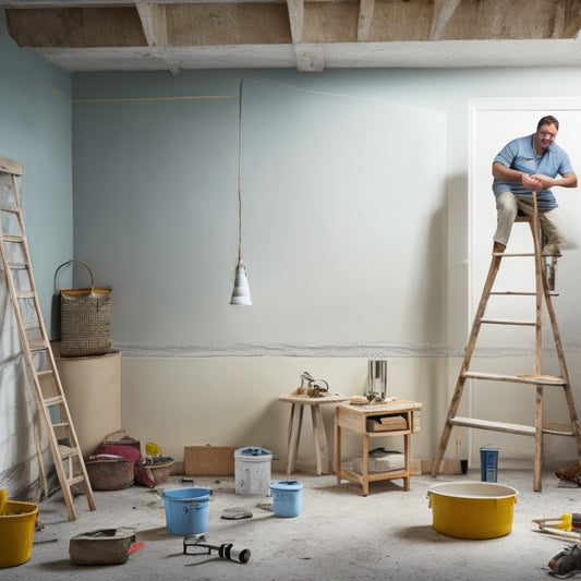 A cluttered renovation scene with a half-plastered wall, scattered tools, and a ladder, contrasted with a tidy, finished area featuring a smooth, white plastered wall and a satisfied homeowner in the background.