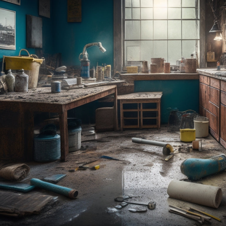 A cluttered home renovation workspace with scattered tools, pipes, and construction materials, surrounded by water droplets, puddles, and caution signs, with a faint outline of a leak-proof seal in the background.