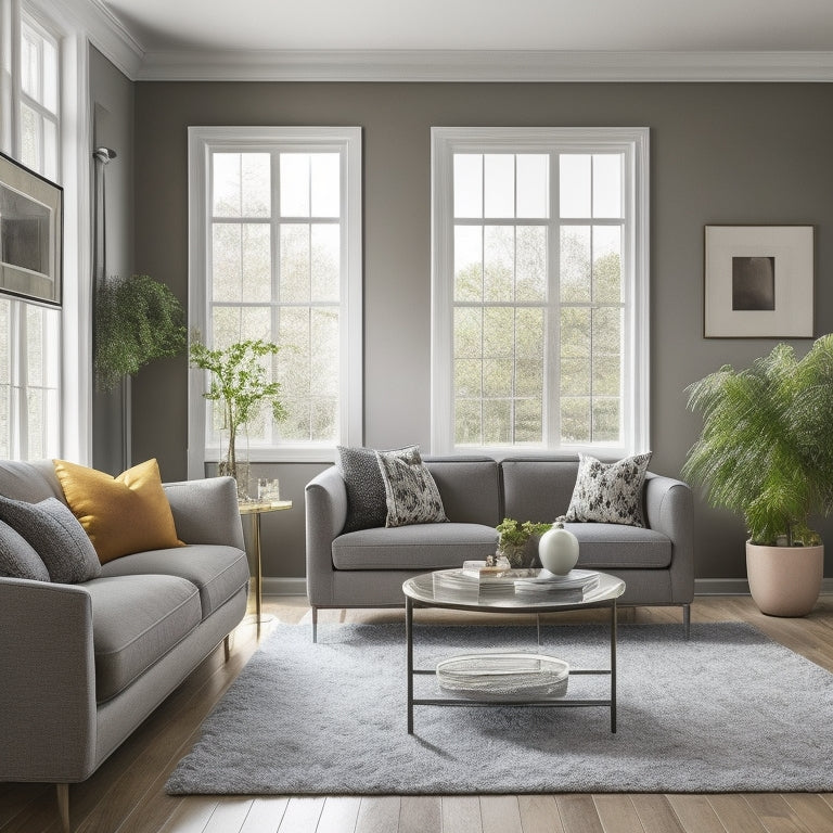 A beautifully designed living room with a stunning accent wall painted in a warm, rich gray tone, surrounded by sleek white trim and modern furniture, with a large window in the background.