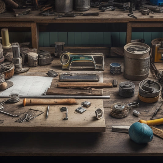 A cluttered, yet organized, workshop table with various tools and gadgets scattered around, including a level, tape measure, hammer, drill, and a partially unrolled blueprint in the center.