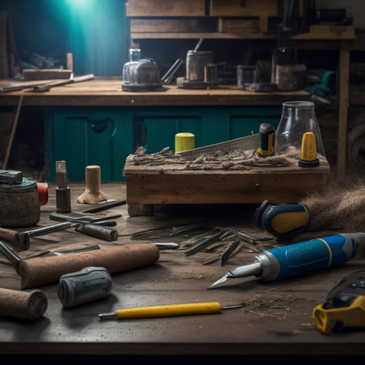 A messy workshop background with various DIY tools scattered around, a carpenter's ruler and pencil lying on a wooden workbench, with a half-unwrapped power drill and a few scattered screwdrivers in the foreground.