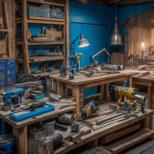 A cluttered workbench with various power tools, such as a drill, impact driver, and circular saw, surrounded by renovation materials like wooden planks, pipes, and paint cans, with a blurred background of a room under construction.