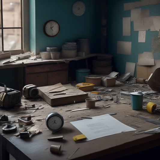 A messy, partially demolished room with a clock or calendar in the background, surrounded by scattered tools, construction papers, and takeout containers, with a faint blueprint on the wall.