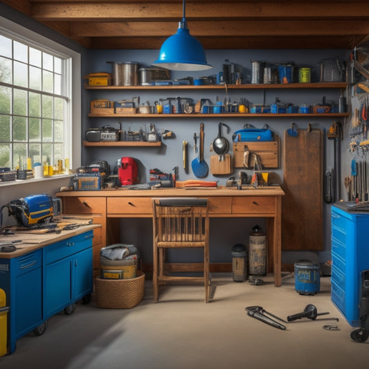 A well-organized garage with a workbench in the center, surrounded by various tools and equipment, including a cordless drill, level, and tape measure, with a faint blueprint of a garage renovation plan in the background.