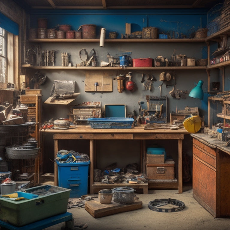 A cluttered workshop with scattered tools and materials, alongside a partially built shelving unit with labeled bins and a measuring tape, surrounded by renovation plans and a calculator.