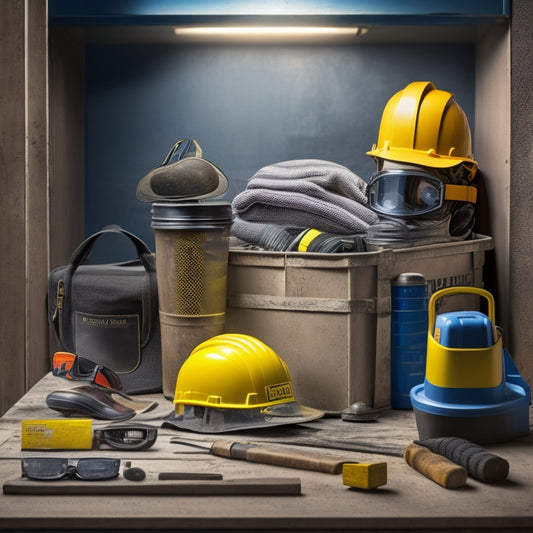 An organized toolbox with a hard hat, safety goggles, earplugs, respirator mask, steel-toed boots, and a first-aid kit, set against a background of renovation tools and materials.