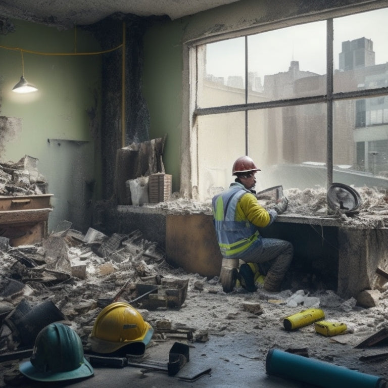 A cluttered room with a partially demolished wall, scattered tools, and debris, featuring a worker in the background wearing a hard hat, safety goggles, and a dust mask, with a faint hint of a cityscape outside the window.