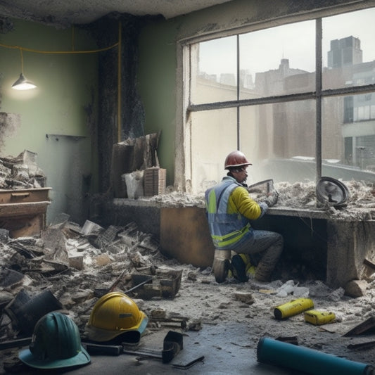 A cluttered room with a partially demolished wall, scattered tools, and debris, featuring a worker in the background wearing a hard hat, safety goggles, and a dust mask, with a faint hint of a cityscape outside the window.